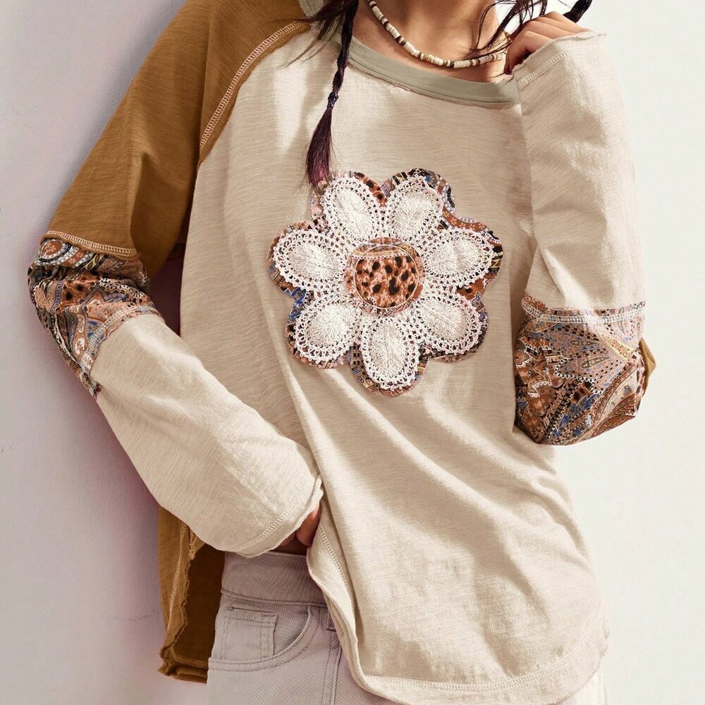 Apricot Casual Women's Boho Patchwork Long Sleeve Loose Washed Graphic T-Shirt
